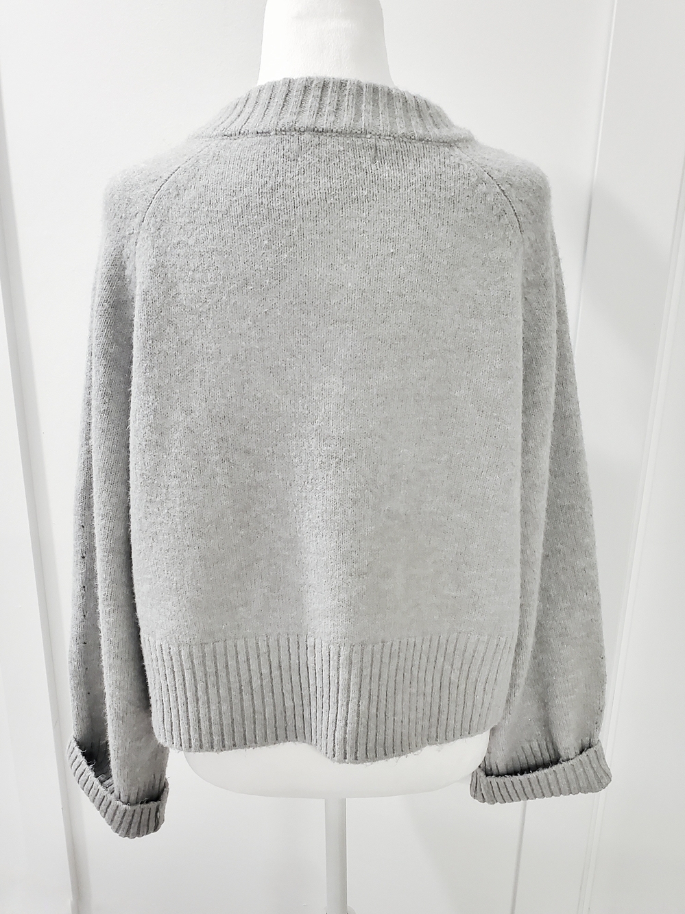 Minimalist Light Grey Ribbed Knit Cardigan Sweater with Hammered Buttons - Picture 6 of 6